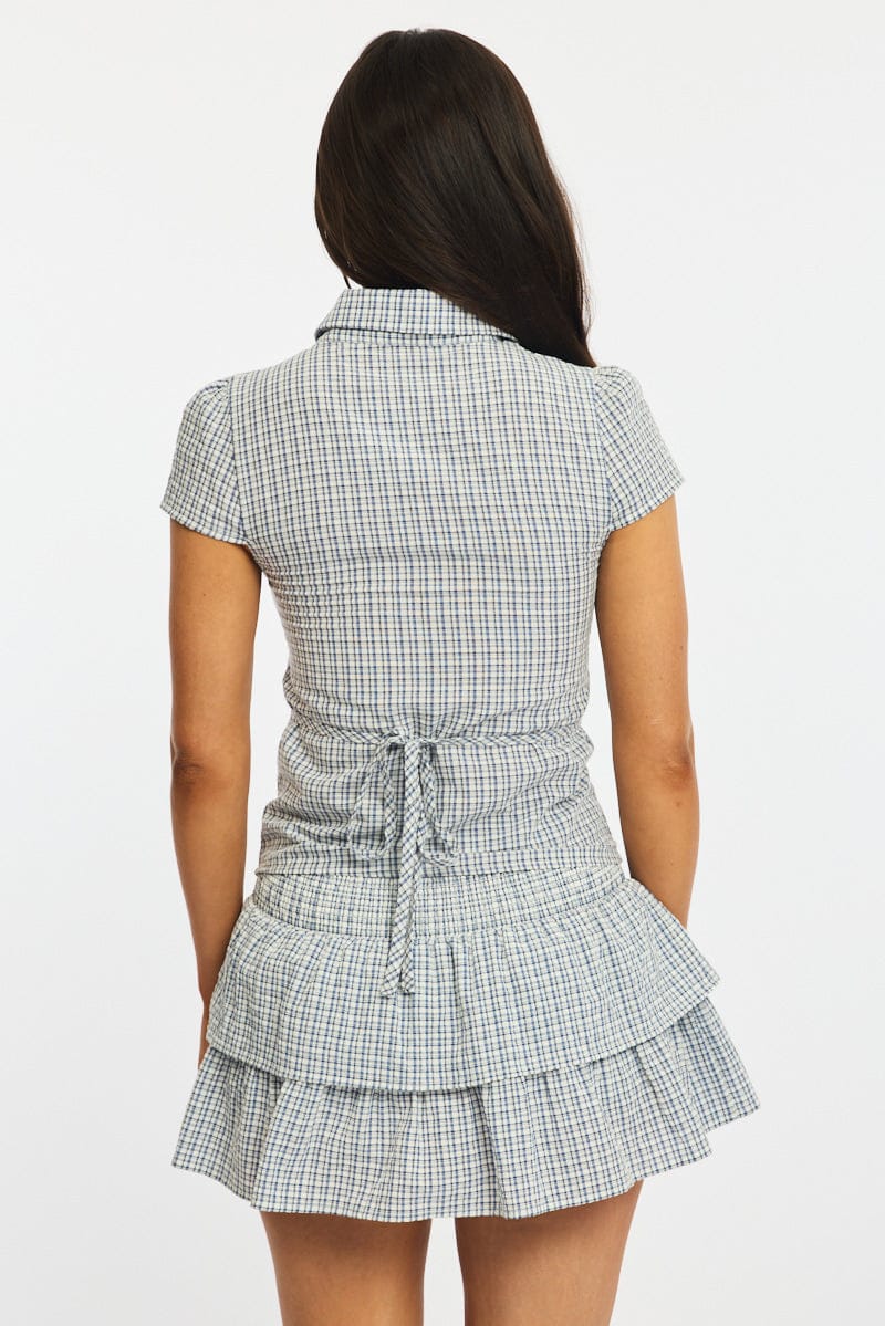 Blue Check Button Up Shirt Short Sleeve Collared Tie Back for Ally Fashion