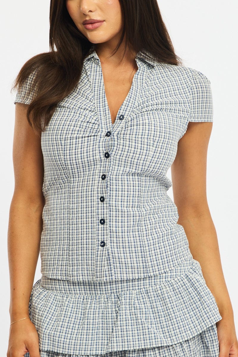 Blue Check Button Up Shirt Short Sleeve Collared Tie Back for Ally Fashion