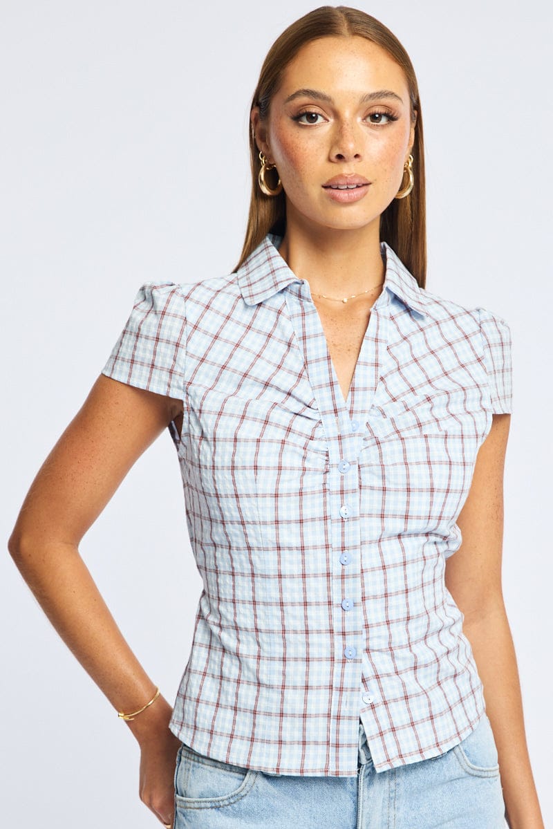 Blue Check Button Up Shirt Short Sleeve Collared Tie Back for Ally Fashion