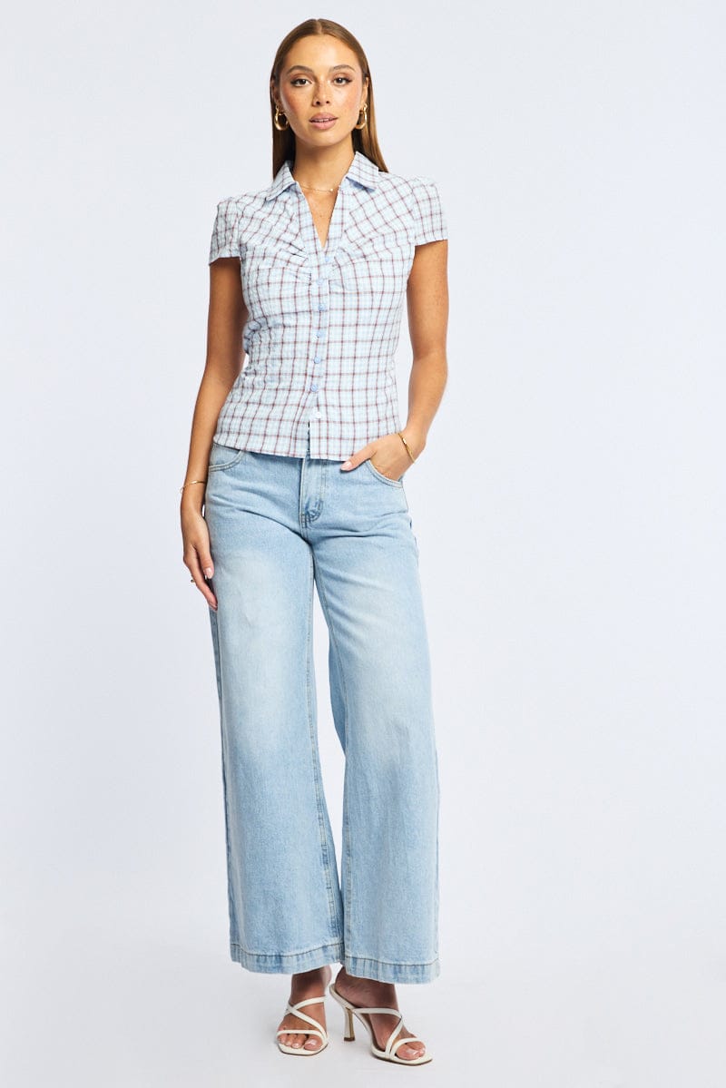 Blue Check Button Up Shirt Short Sleeve Collared Tie Back for Ally Fashion
