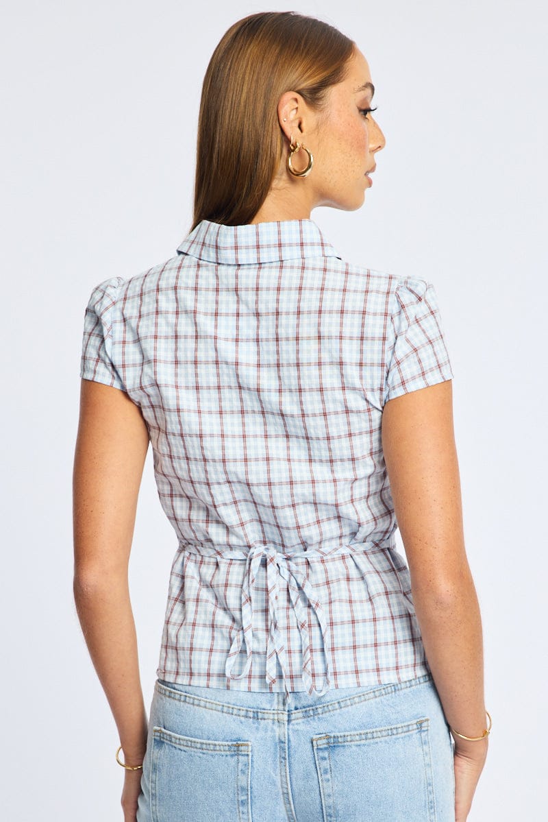 Blue Check Button Up Shirt Short Sleeve Collared Tie Back for Ally Fashion