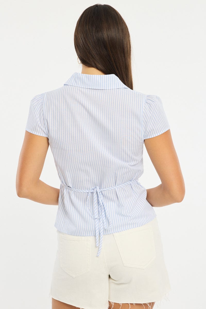 Blue Stripe Button Up Shirt Short Sleeve Collared Tie Back for Ally Fashion