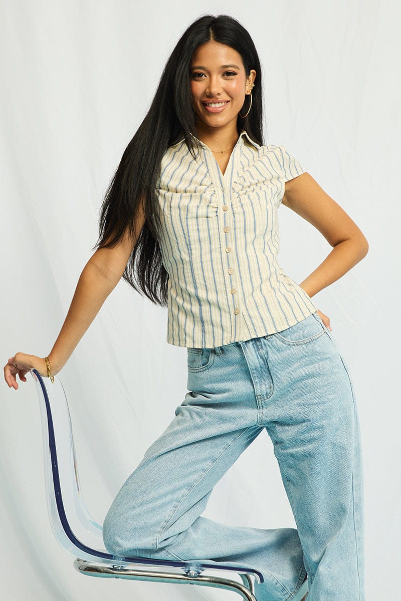 Yellow Stripe Button Up Shirt Short Sleeve Collared Tie Back for Ally Fashion