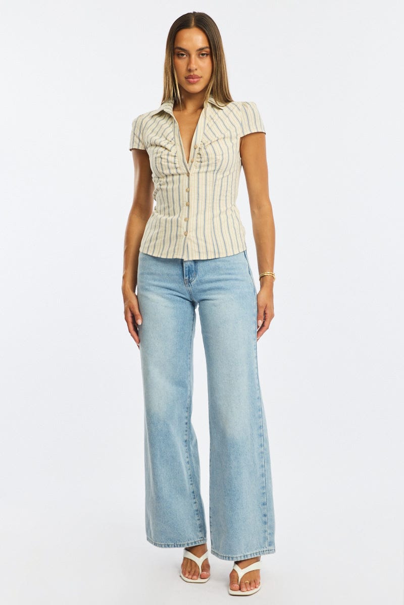Yellow Stripe Button Up Shirt Short Sleeve Collared Tie Back for Ally Fashion