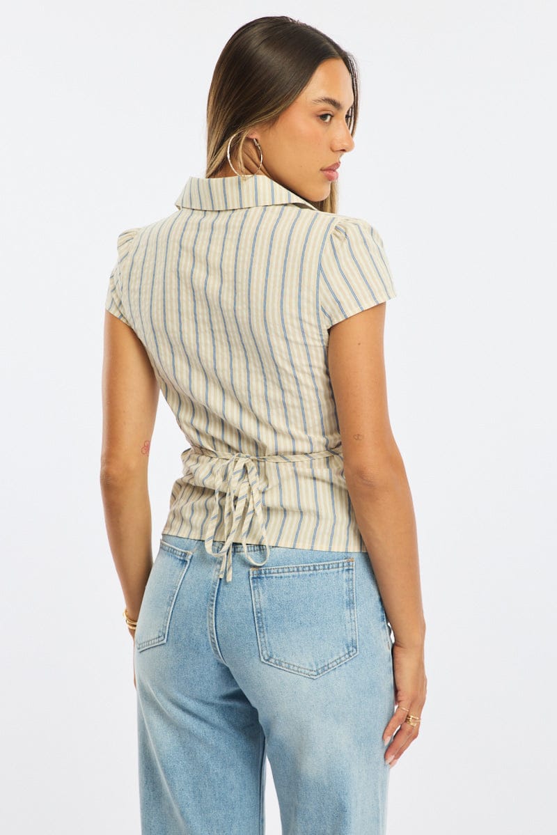 Yellow Stripe Button Up Shirt Short Sleeve Collared Tie Back for Ally Fashion