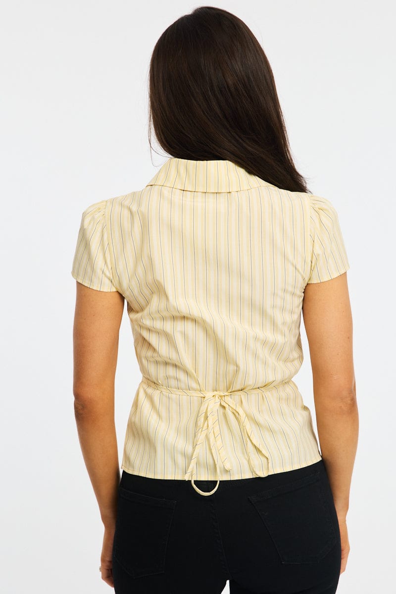 Yellow Stripe Button Up Shirt Short Sleeve Collared Tie Back for Ally Fashion