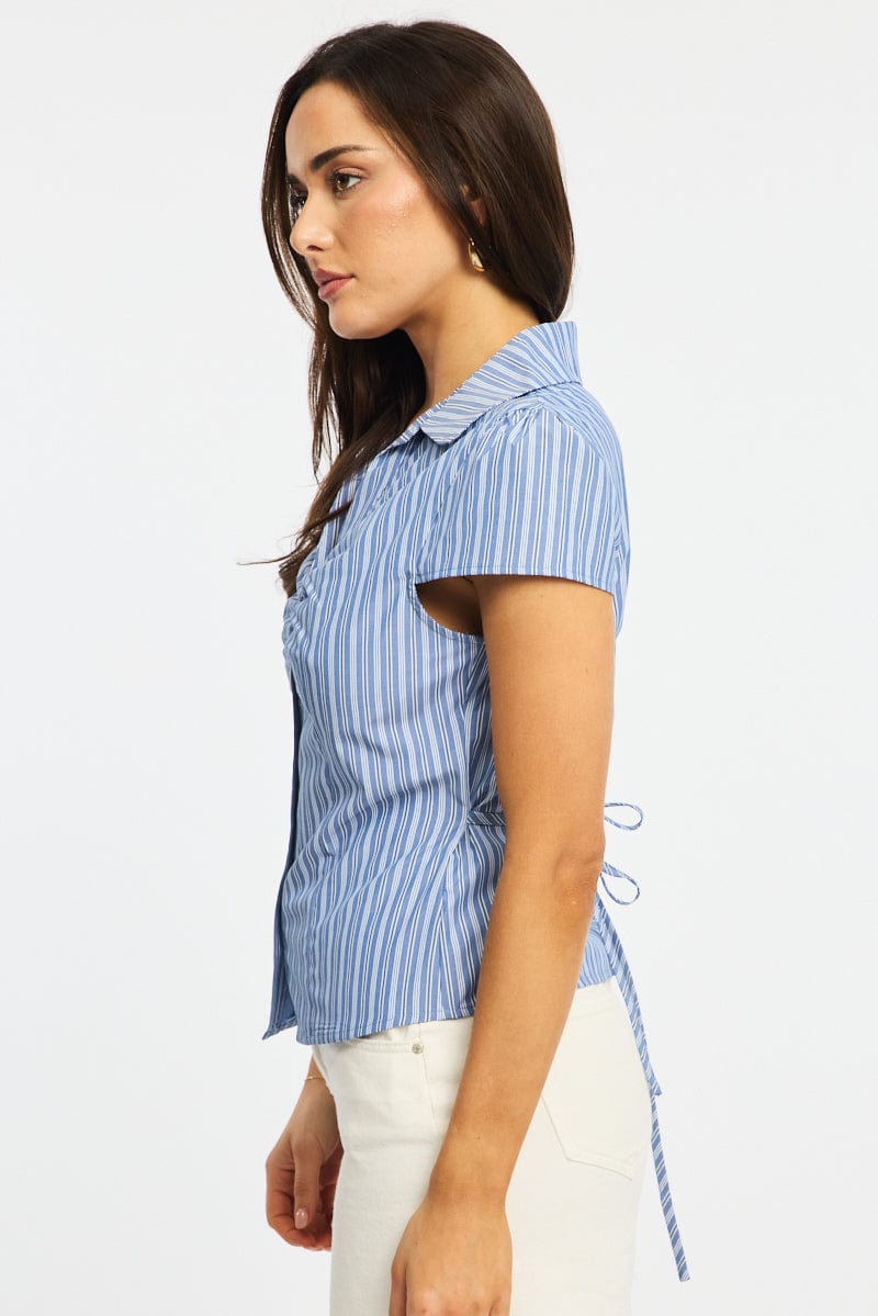 Blue Stripe Button Up Shirt Short Sleeve Collared Tie Back for Ally Fashion