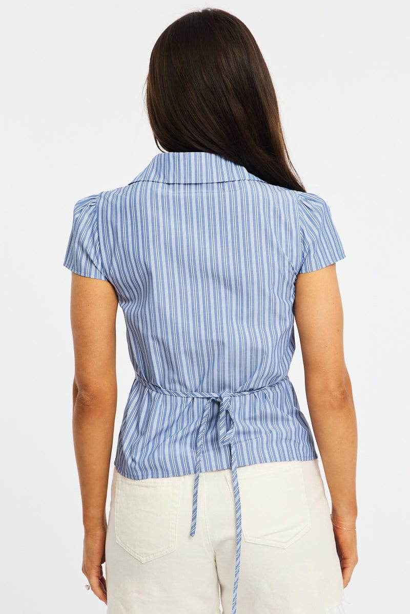 Blue Stripe Button Up Shirt Short Sleeve Collared Tie Back for Ally Fashion
