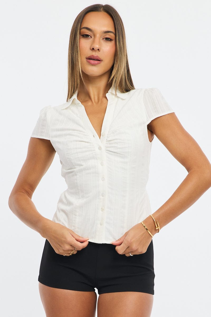 White Stripe Button Up Shirt Short Sleeve Collared Tie Back for Ally Fashion
