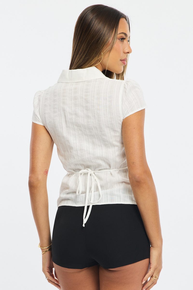 White Stripe Button Up Shirt Short Sleeve Collared Tie Back for Ally Fashion