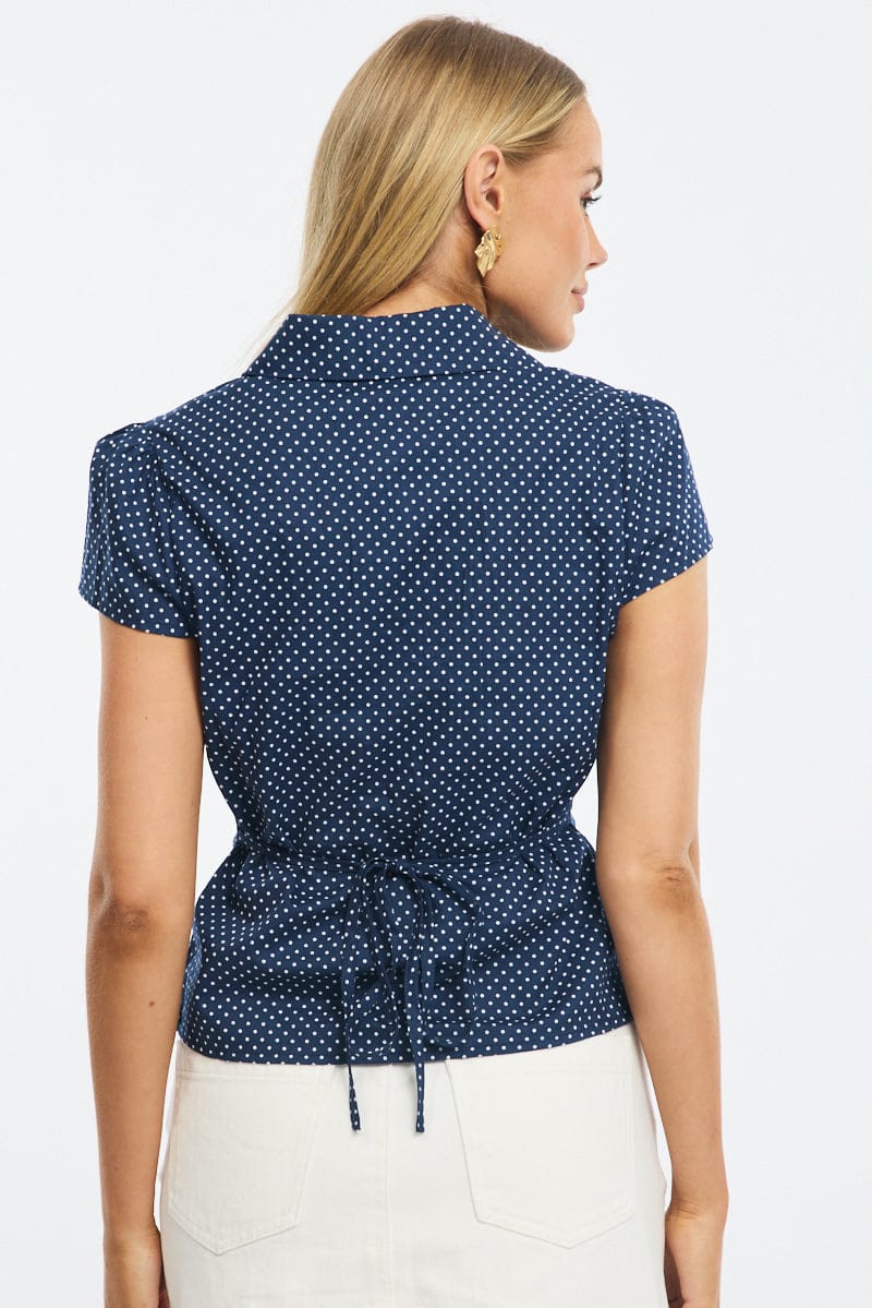 Blue Polka Dot Button Up Shirt Short Sleeve Collared Tie Back for Ally Fashion