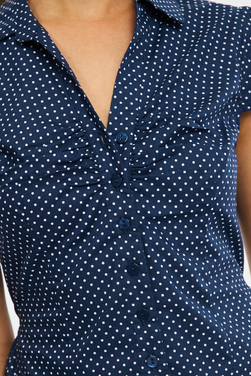 Blue Polka Dot Button Up Shirt Short Sleeve Collared Tie Back for Ally Fashion