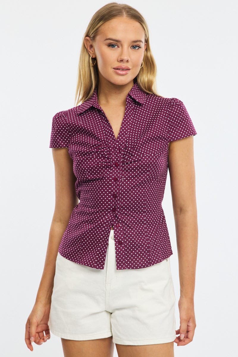 Red Polka Dot Button Up Shirt Short Sleeve Collared Tie Back for Ally Fashion