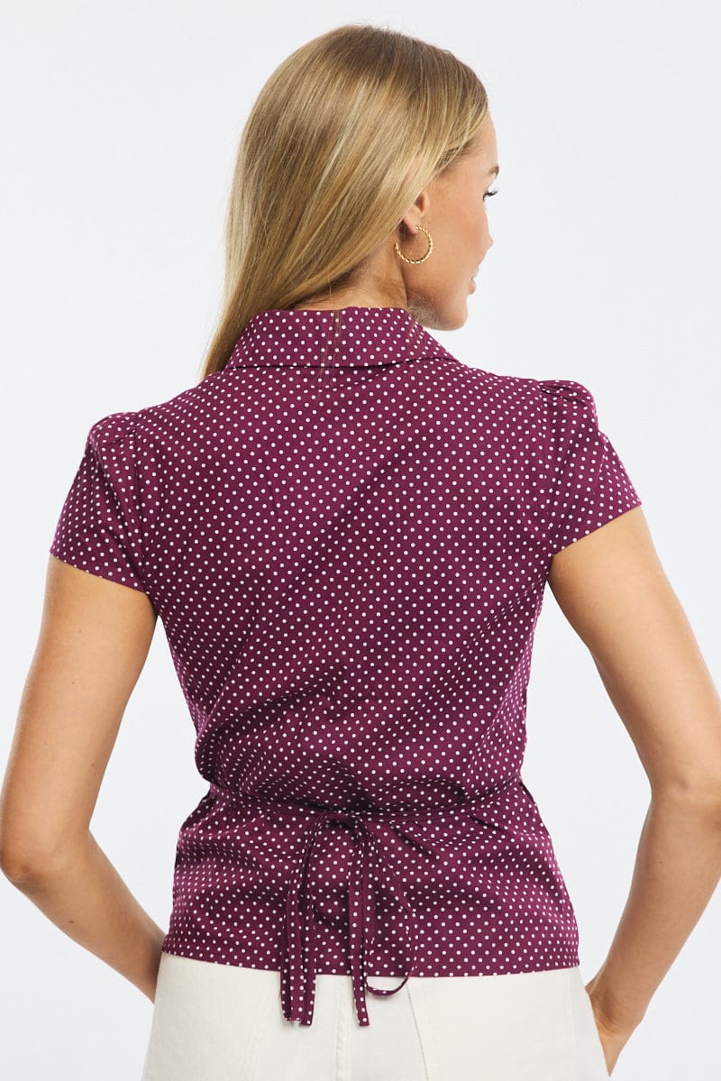 Red Polka Dot Button Up Shirt Short Sleeve Collared Tie Back for Ally Fashion