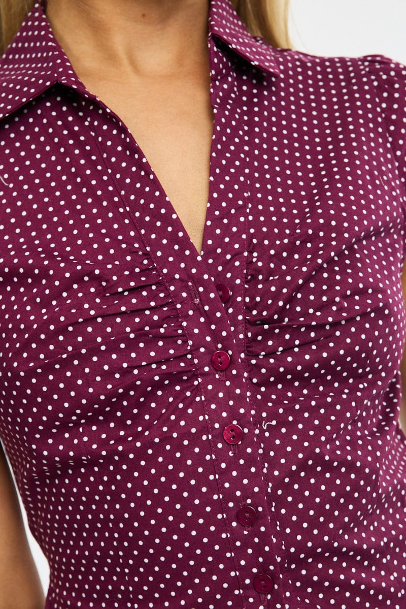 Red Polka Dot Button Up Shirt Short Sleeve Collared Tie Back for Ally Fashion