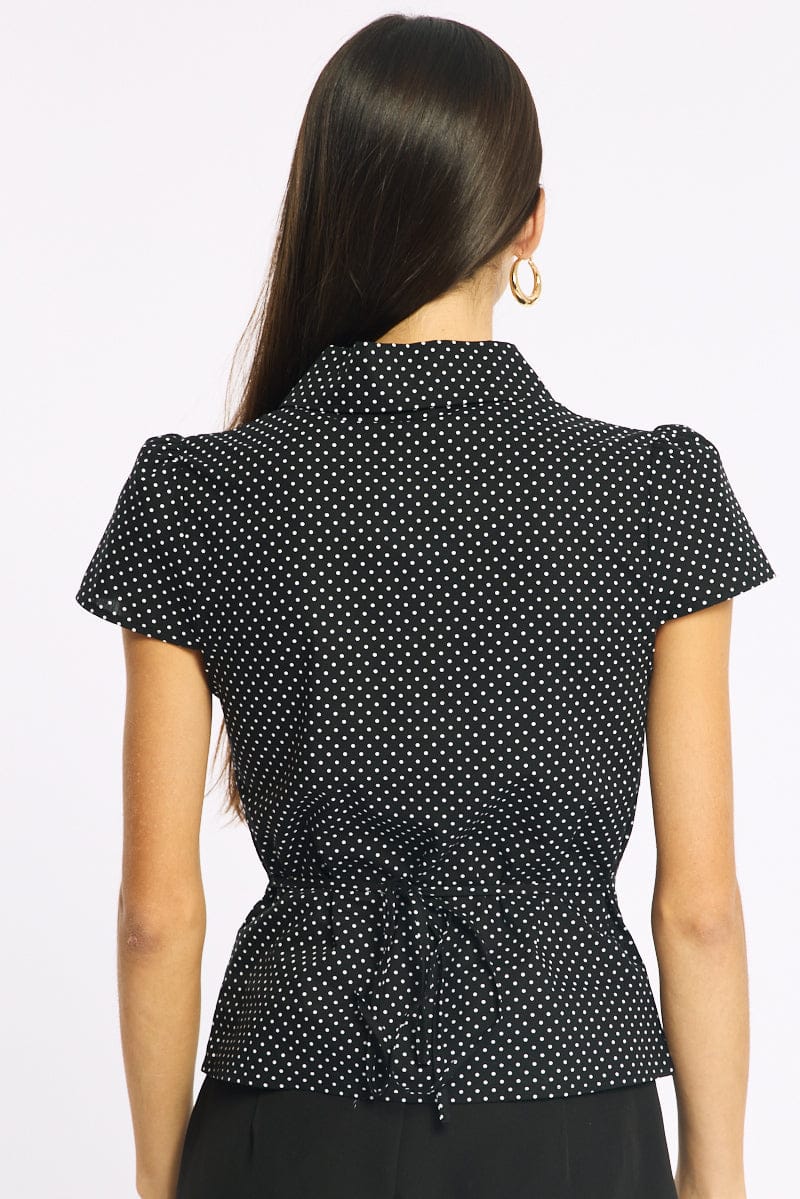 Black Polka Dot Button Up Shirt Short Sleeve Collared Tie Back for Ally Fashion