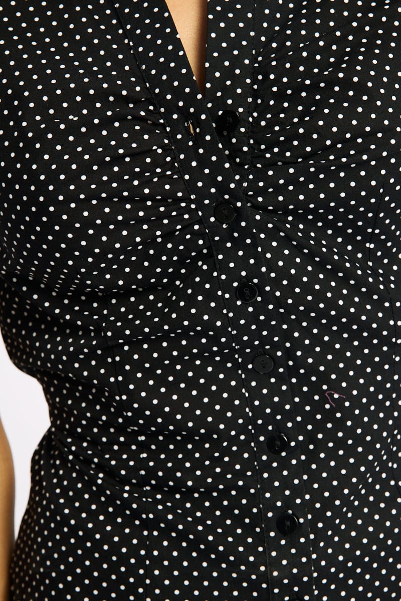 Black Polka Dot Button Up Shirt Short Sleeve Collared Tie Back for Ally Fashion