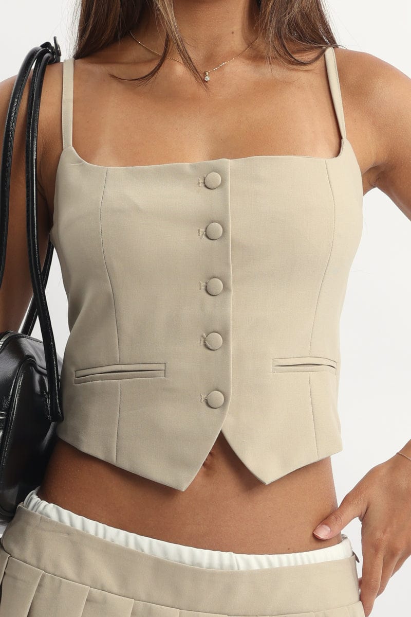 Beige Cami Vest Sleeveless Scoop Neck Tailored for Ally Fashion