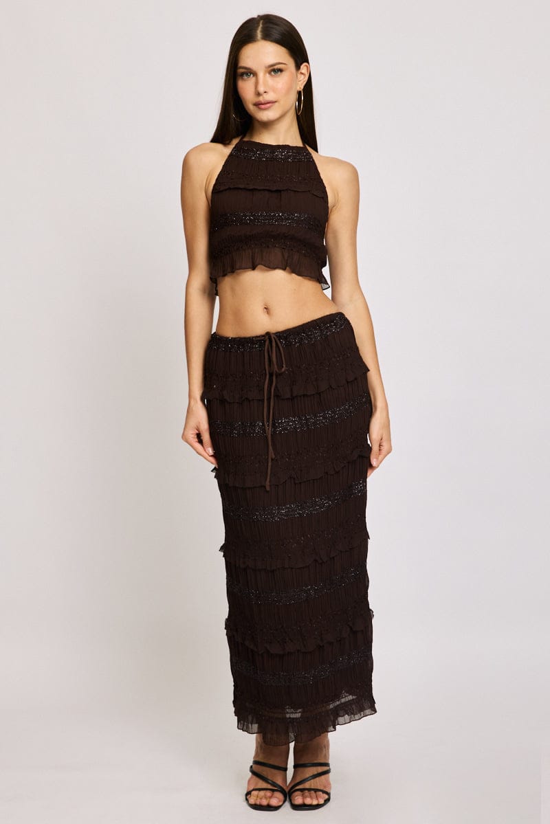 Brown Halter Cropped Top Sleeveless Textured for Ally Fashion