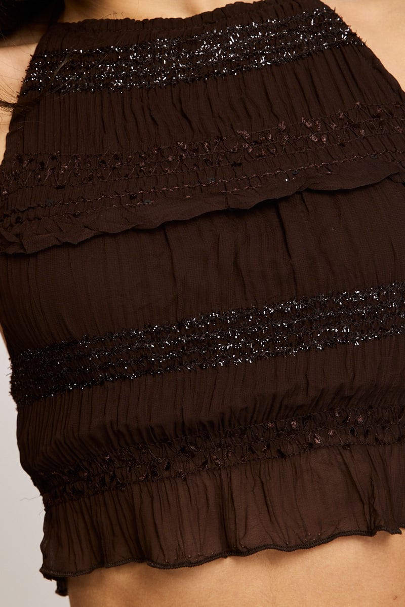 Brown Halter Cropped Top Sleeveless Textured for Ally Fashion