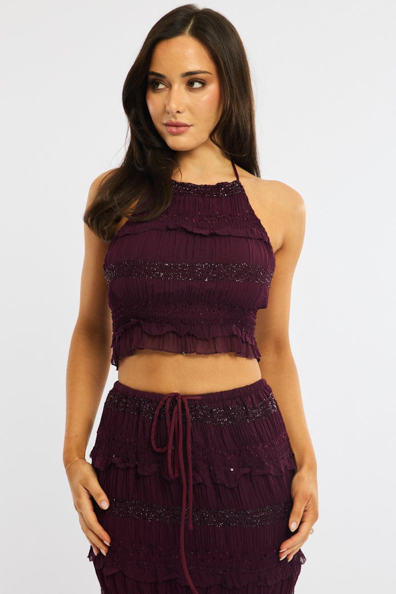 Red Halter Cropped Top Sleeveless Textured for Ally Fashion
