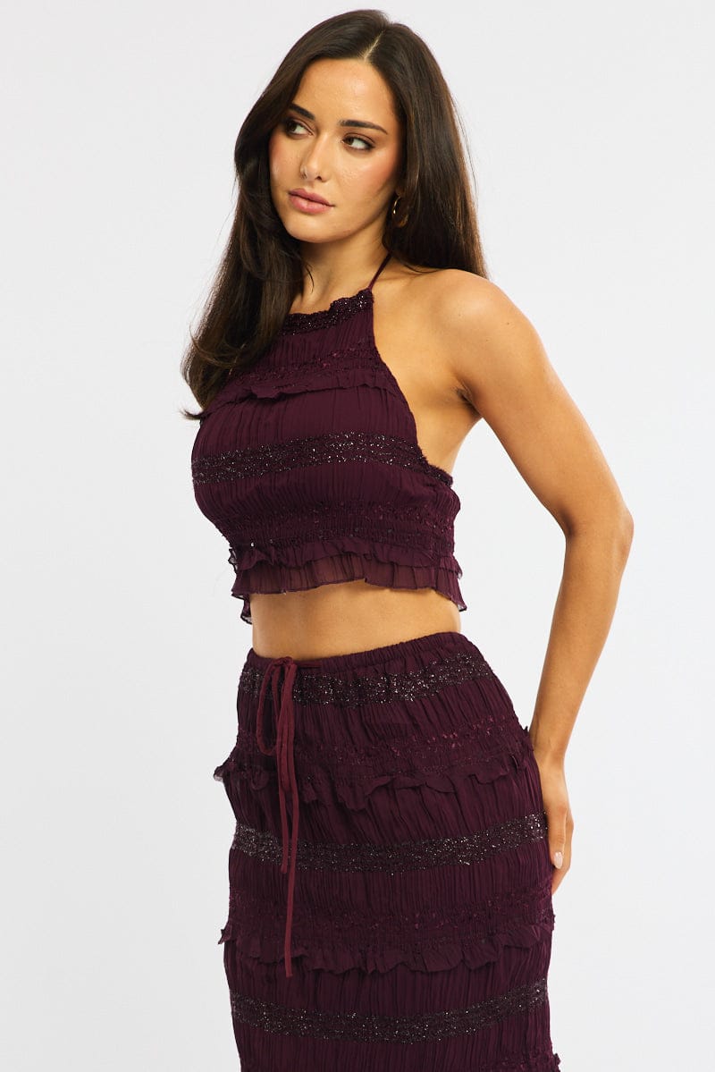 Red Halter Cropped Top Sleeveless Textured for Ally Fashion
