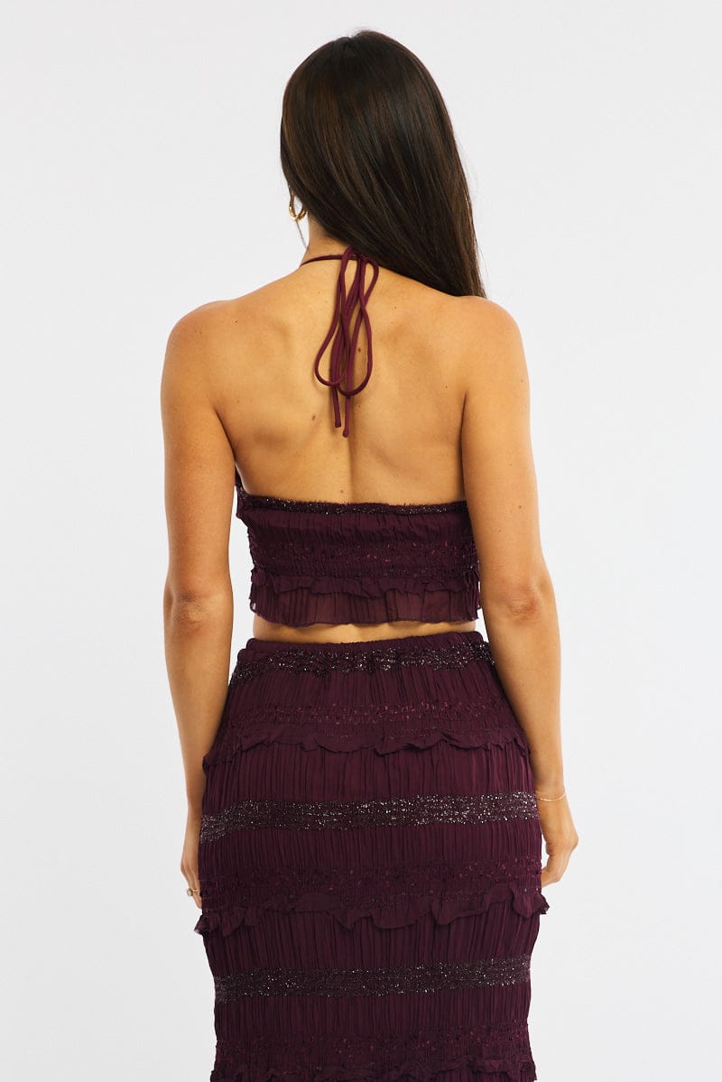 Red Halter Cropped Top Sleeveless Textured for Ally Fashion