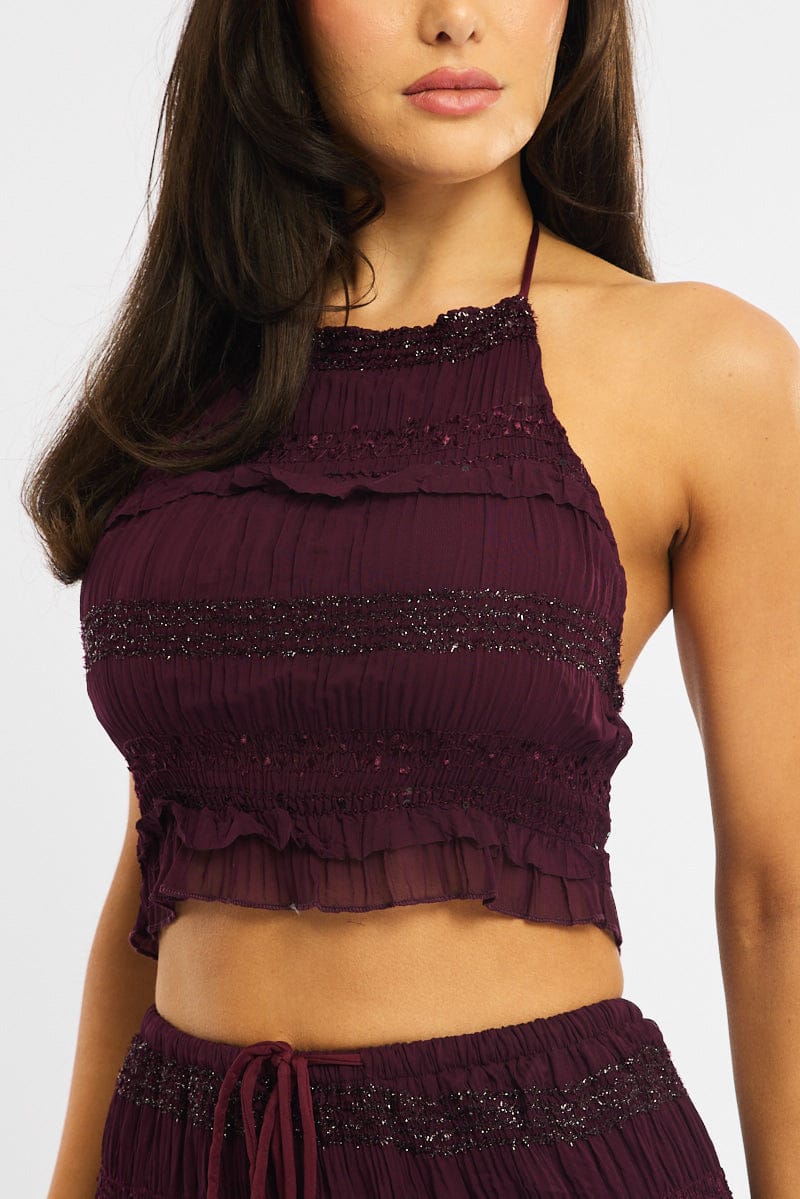Red Halter Cropped Top Sleeveless Textured for Ally Fashion