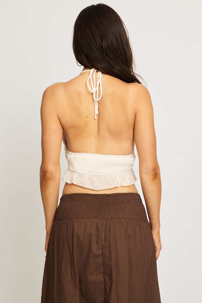White Halter Cropped Top Sleeveless Textured for Ally Fashion