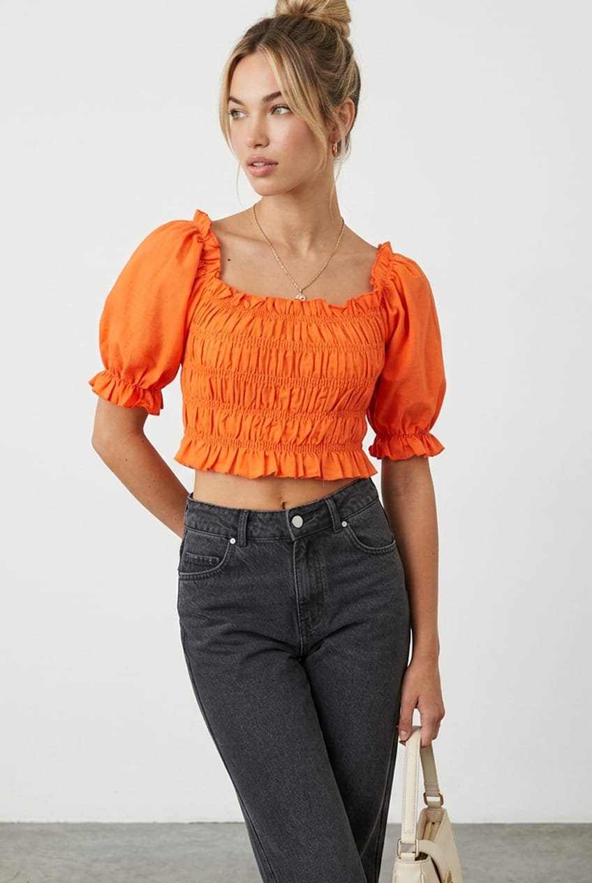 Orange Crop Top Short Sleeve Shirred