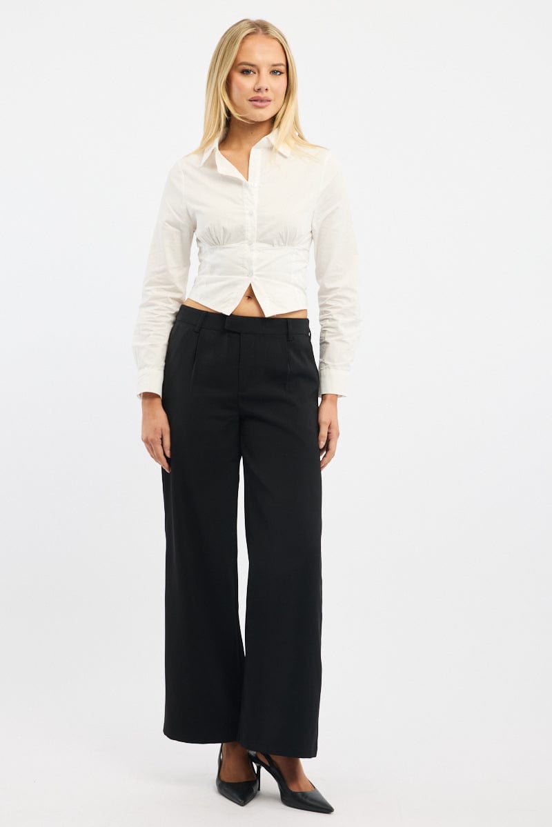 White Fitted Shirt Long Sleeve Collared Shirred Back for Ally Fashion