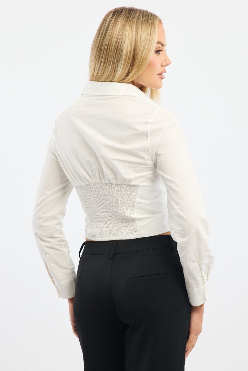 White Fitted Shirt Long Sleeve Collared Shirred Back for Ally Fashion