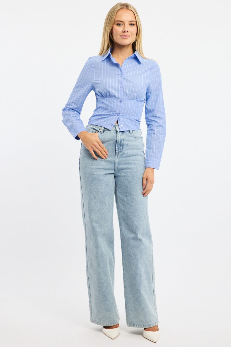 Blue Stripe Fitted Shirt Long Sleeve Collared Shirred Back for Ally Fashion