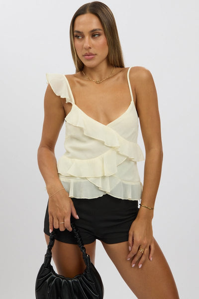 Èaphi TULLE ASYMMETRY FRILL CAMISOLE 白 White Cami Top Sleeveless Crossover Ruffled Details | Ally Fashion
