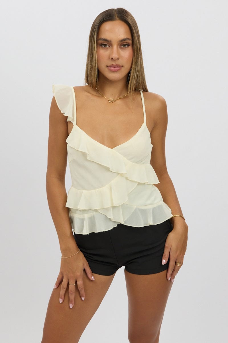 White Ruffle Cami White Cami Top Sleeveless Crossover Ruffled Details | Ally Fashion