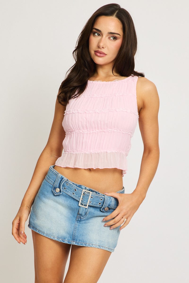 Pink Shirred Singlet Boat Neck Longline for Ally Fashion