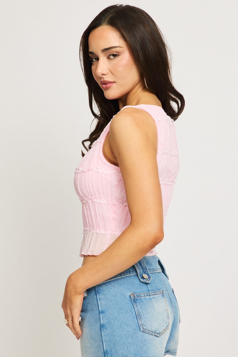 Pink Shirred Singlet Boat Neck Longline for Ally Fashion