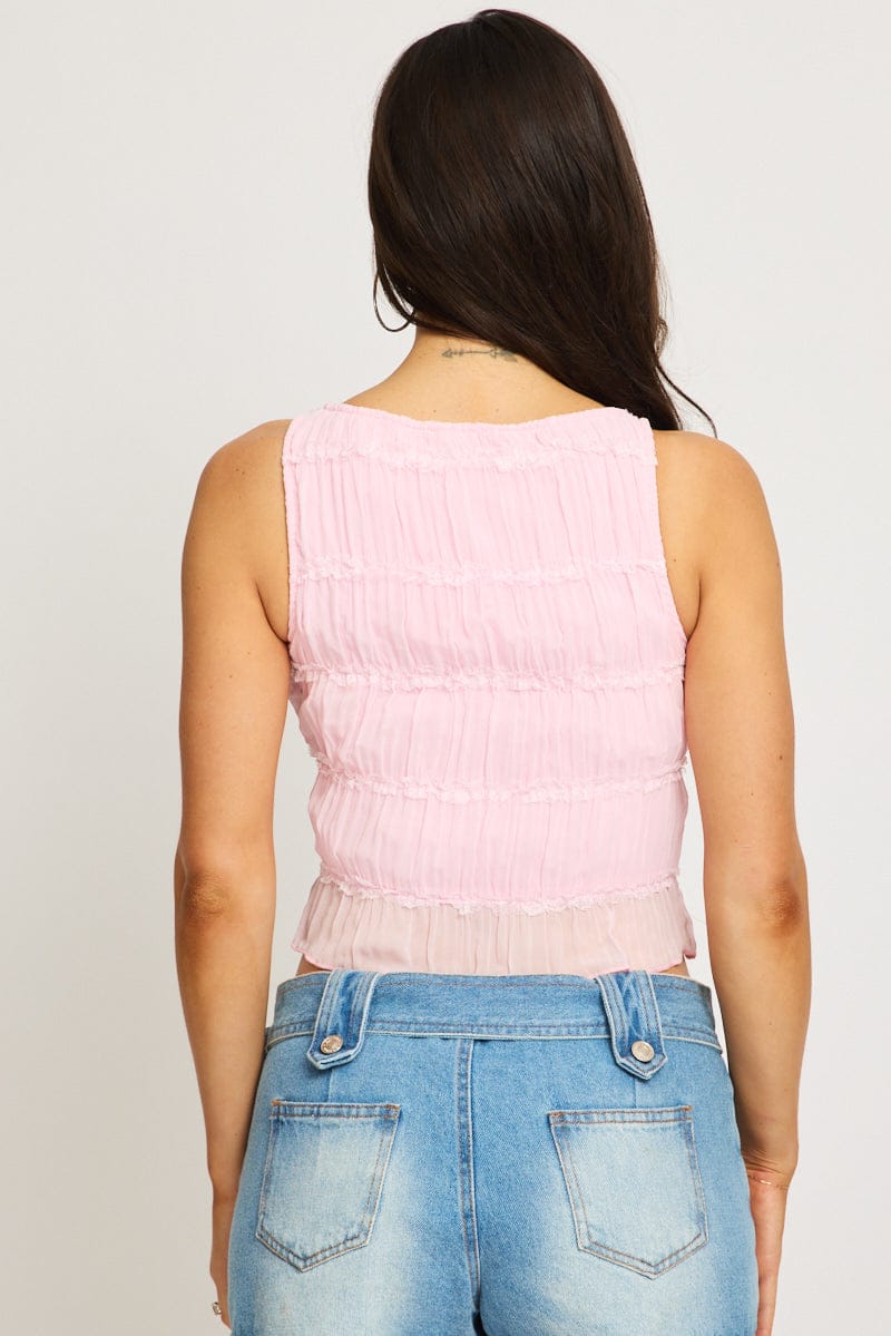 Pink Shirred Singlet Boat Neck Longline for Ally Fashion