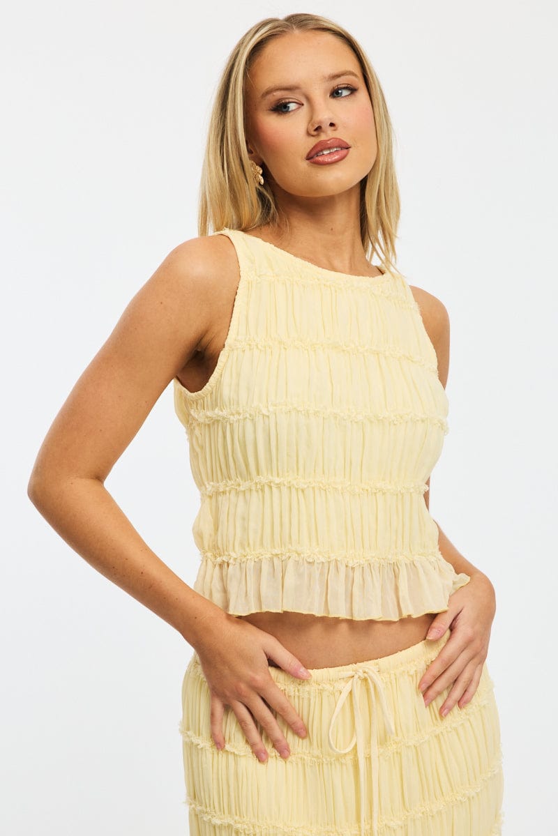 Yellow Shirred Singlet Boat Neck Longline for Ally Fashion