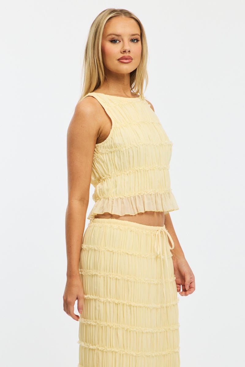 Yellow Shirred Singlet Boat Neck Longline for Ally Fashion