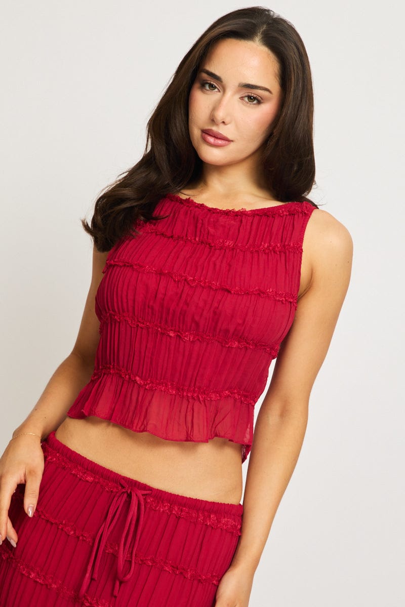 Red Shirred Singlet Boat Neck Longline for Ally Fashion