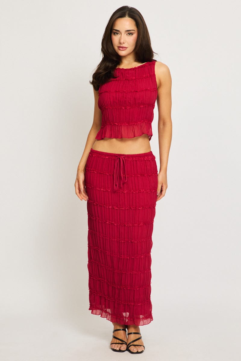 Red Shirred Singlet Boat Neck Longline for Ally Fashion