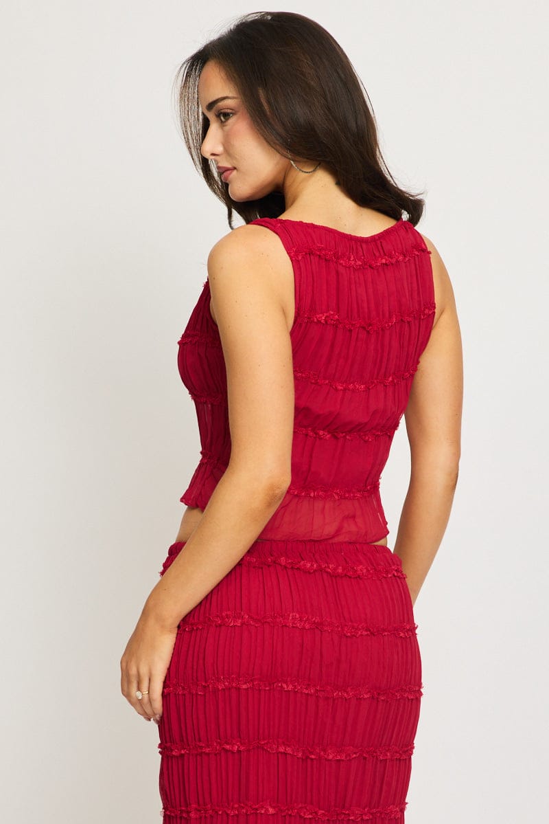 Red Shirred Singlet Boat Neck Longline for Ally Fashion