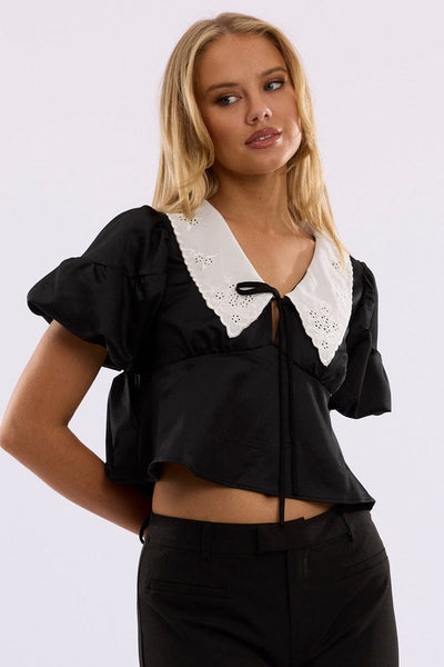 Black Babydoll Top Short Sleeve Collared Satin | Ally Fashion