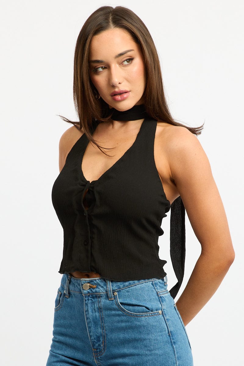 Black Scarf Top Sleeveless Halter Plisse Vest Detail for Ally Fashion