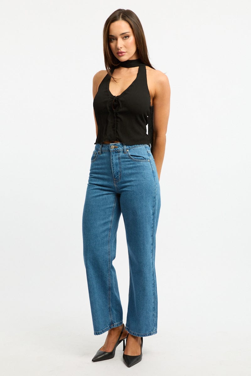 Black Scarf Top Sleeveless Halter Plisse Vest Detail for Ally Fashion