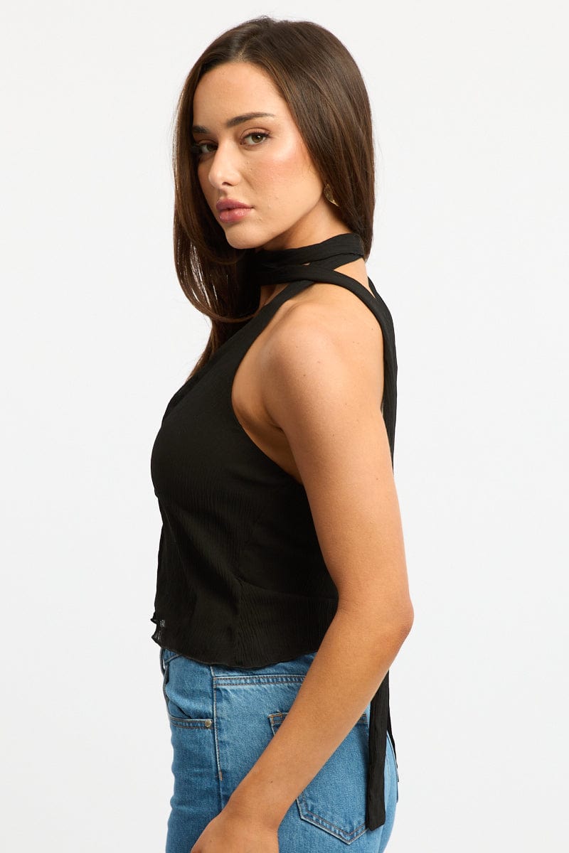 Black Scarf Top Sleeveless Halter Plisse Vest Detail for Ally Fashion