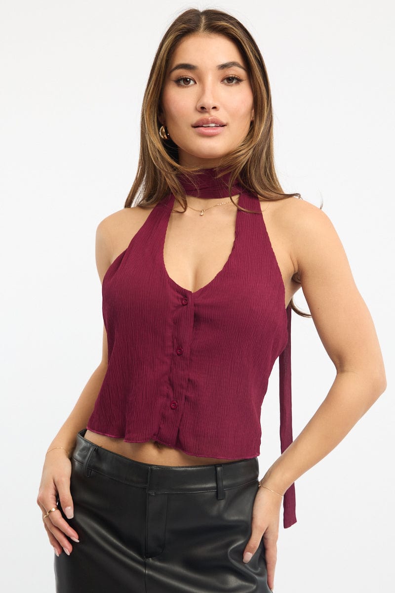 Red Scarf Top Sleeveless Halter Plisse Vest Detail for Ally Fashion