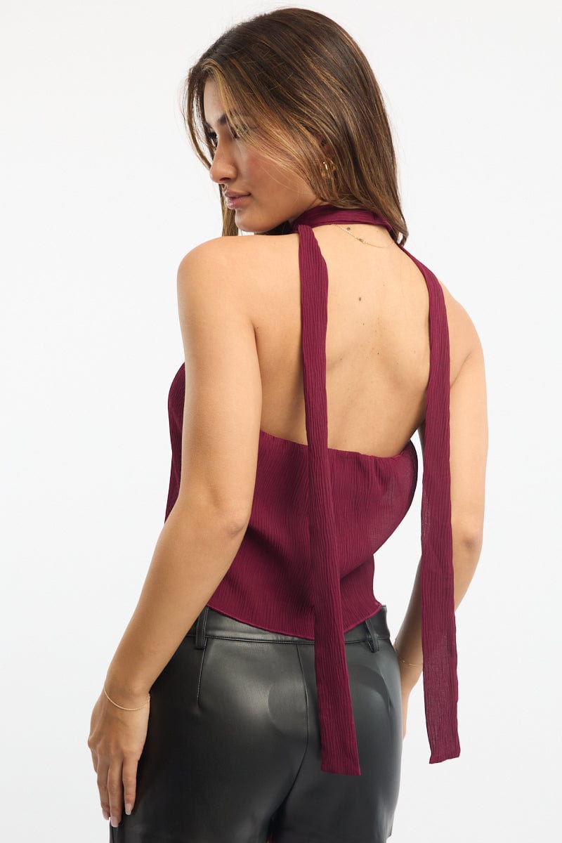 Red Scarf Top Sleeveless Halter Plisse Vest Detail for Ally Fashion