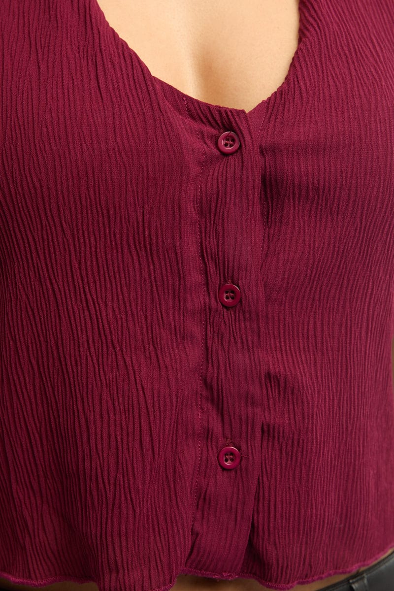 Red Scarf Top Sleeveless Halter Plisse Vest Detail for Ally Fashion